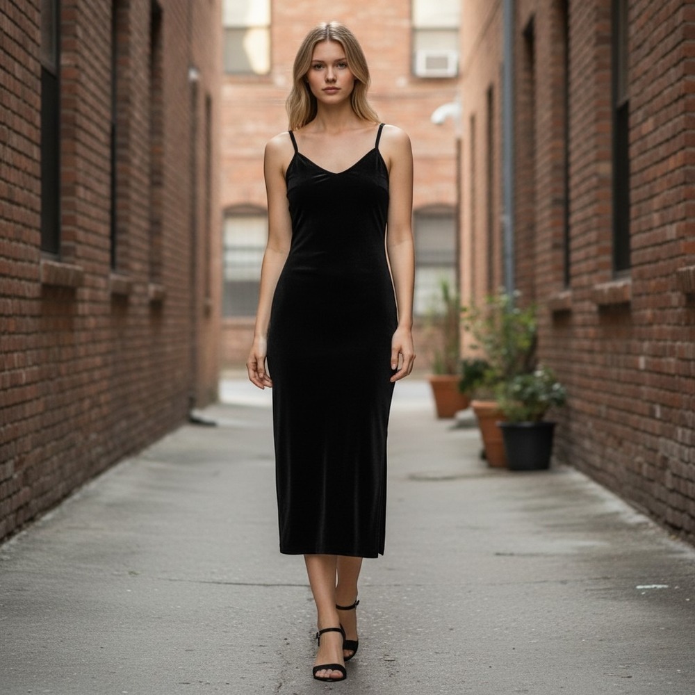 Talbots Intimates Black Velvet Maxi Slip Dress Adjustable Straps Size Small